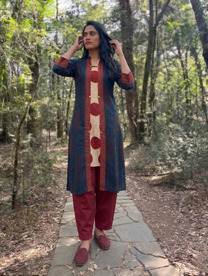 Ajrakh Cotton A Line Kurta with Mandarin Collar and Border Details & Pocket , Indigo Blue, KA1061