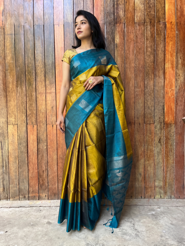 Pure Kanchipuram Soft Silk Saree with Minakari Woven Butta, Contrast Border, Heavy Zari Pallu & Plain Teal blue Blouse Piece, Mustard - Teal blue,   SK1011