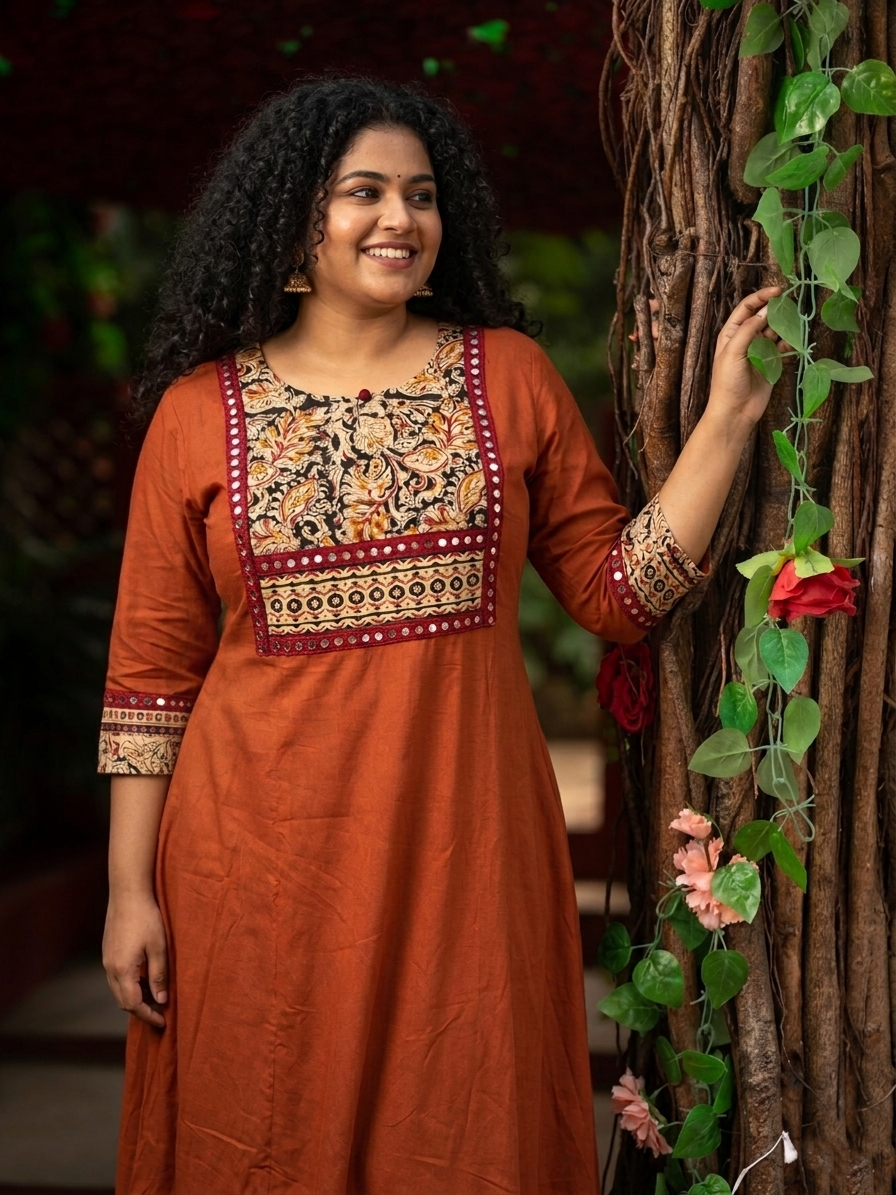 Satin Cotton Straight Cut Round neck Kurta with  3/4 Sleeves, Kalamkari Patches & Lace Details  with Pocket, Rust- KP1101