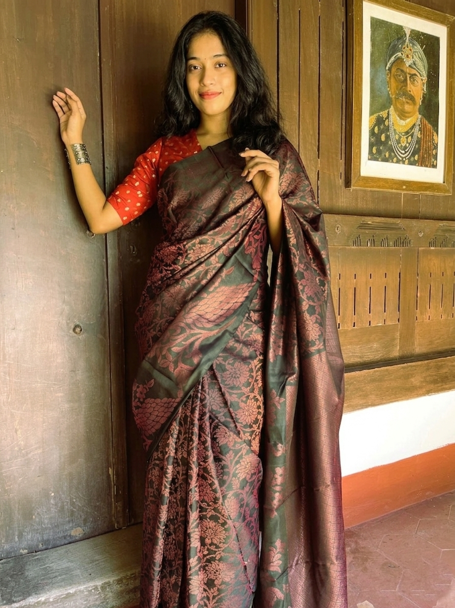Pure Kanchipuram Soft Silk Saree with All Over Zari Woven Thread Work & Plain Blouse Piece, Black, SK1017