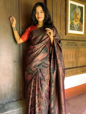 Pure Kanchipuram Soft Silk Saree with All Over Zari Woven Thread Work & Plain Blouse Piece, Black, SK1017