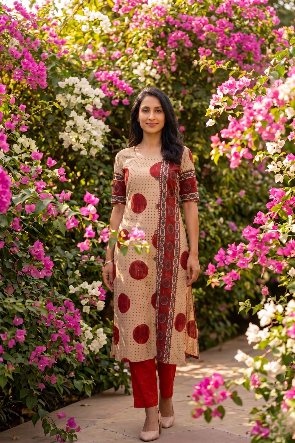 Ajrakh Cotton Straight Cut Kurta with Square Neck and Half Sleeves with Pockets, Ivory , KA1057