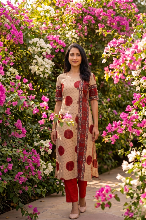 Ajrakh Cotton Straight Cut Kurta with Square Neck and Half Sleeves with Pockets, Ivory , KA1057