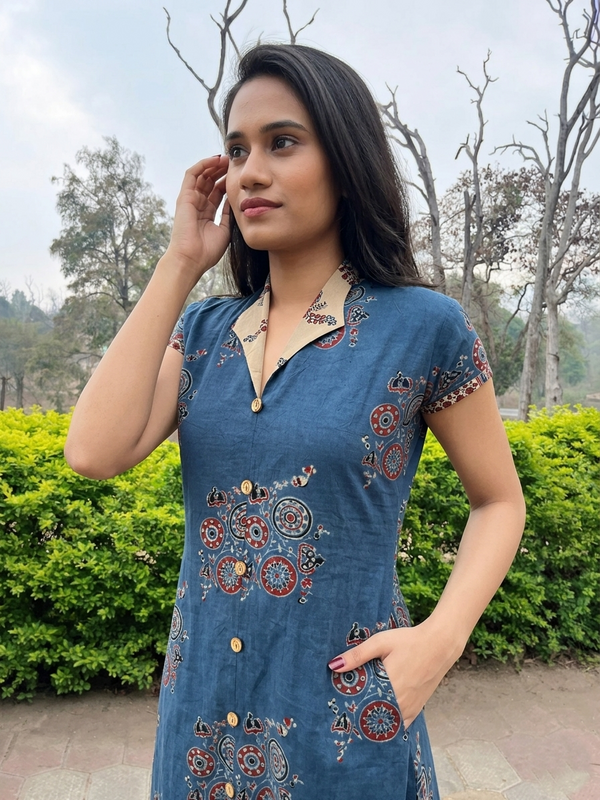 Ajrakh Cotton Straight Cut Kurti with Wooden Button and Collar Detailing, Mega Sleeves & Pockets, Blue, KA1064