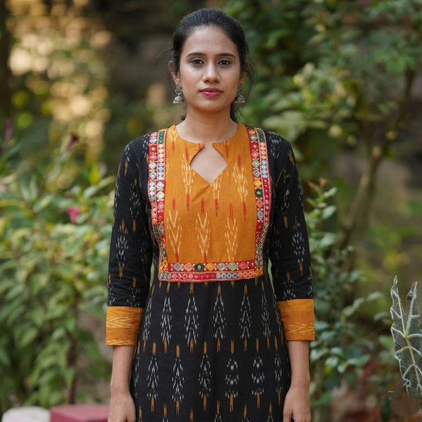 Ikat Cotton A line Kurta with Diamond neck & Mirror Work Lace Details, Black,  KI1021