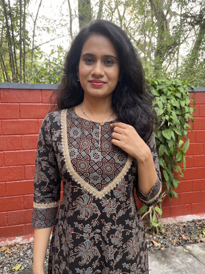 Ajrakh Cotton A Line Close neck Kurta with 3/4 Sleeves  & Lace details with Pocket , Black ,KA1047