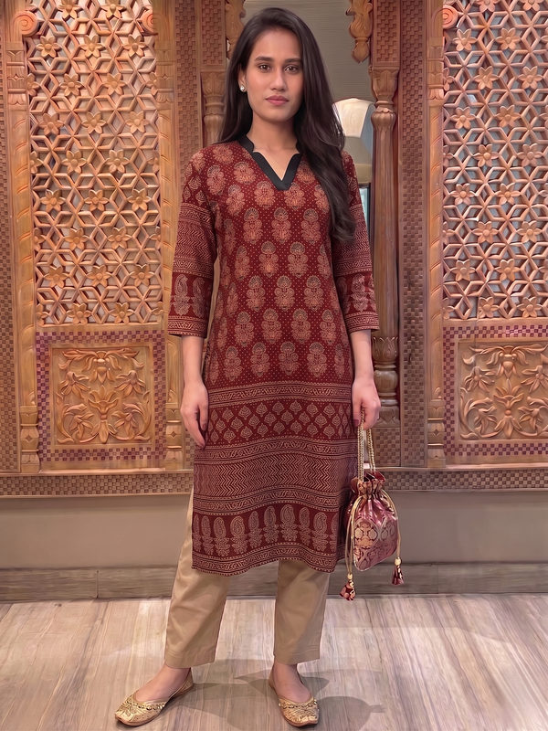 Mashroo Silk V Collar Straight Cut Kurta with Ajrakh Print & 3/4 Sleeves  , Maroon, KS1006