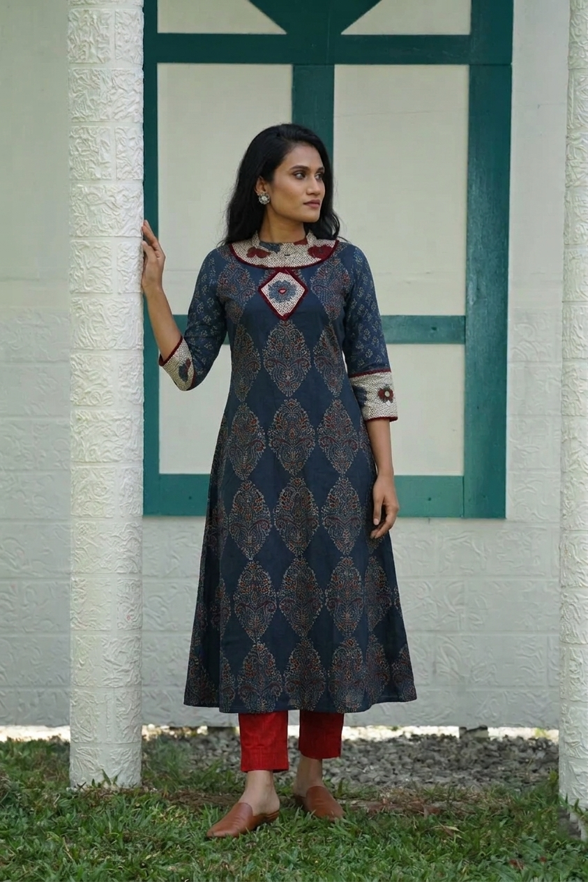 Ajrakh Cotton Close Neck A Line Kurta with Lace and Mirror Details with Pocket, Indigo Blue ,KA1050