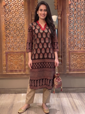 Mashroo Silk V Collar Straight Cut Kurta with Ajrakh Print & 3/4 Sleeves  , Black, KS1007