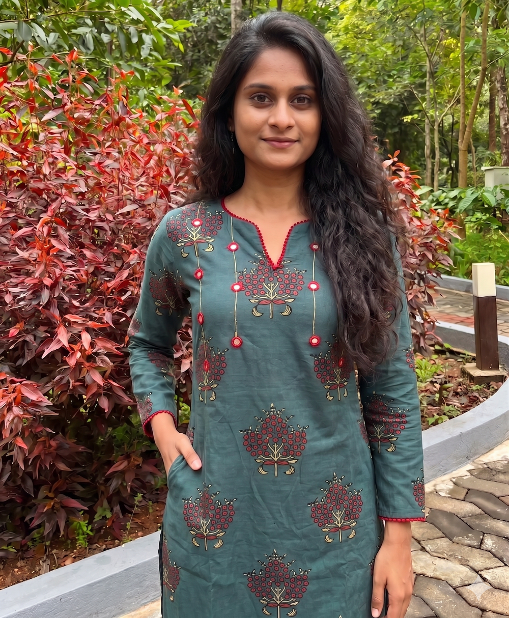 Ajrakh Cotton Y Neck Straight Cut  Kurta with Mirror Work Details & Pockets , Green, KA1049