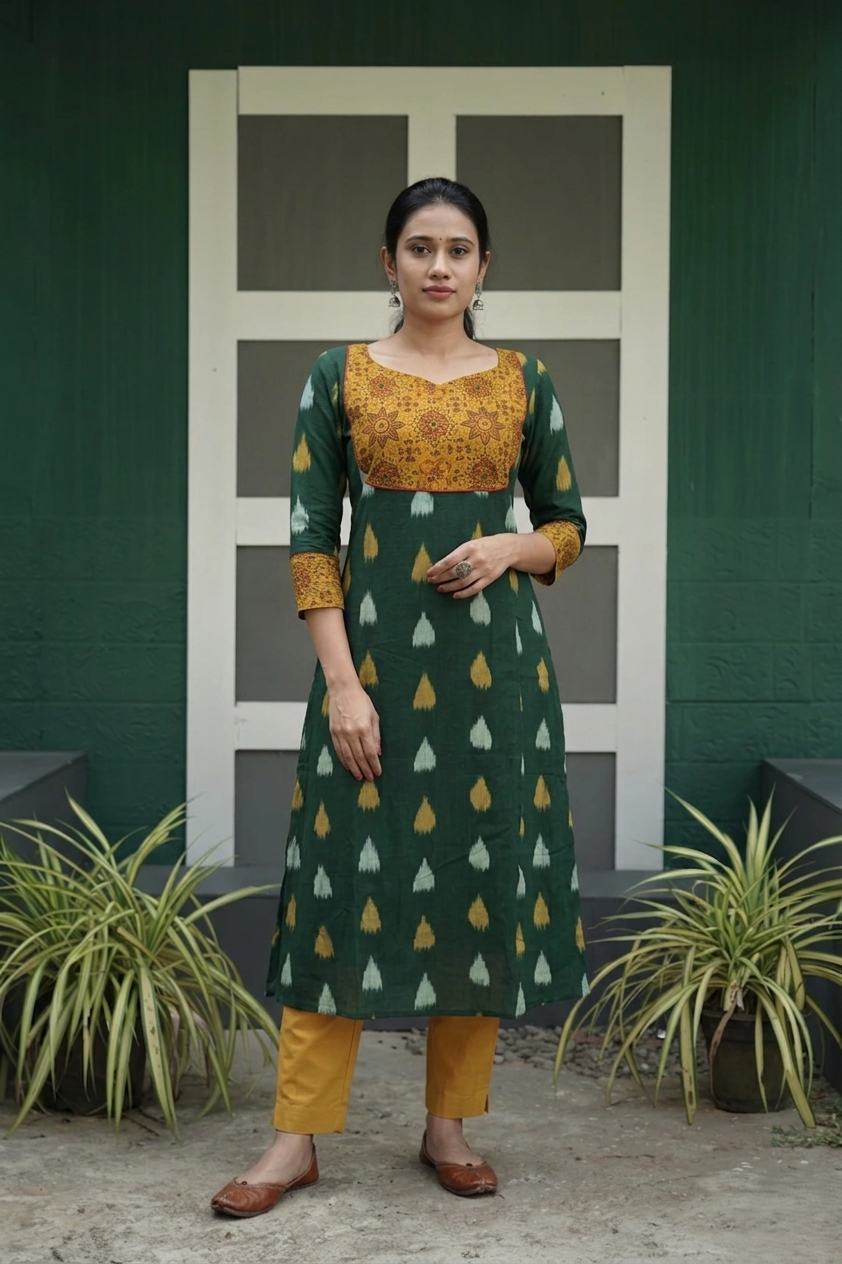 Ikat  Cotton  Sweetheart neck Kurta with Ajrakh Patches, Bottle Green, KI1015