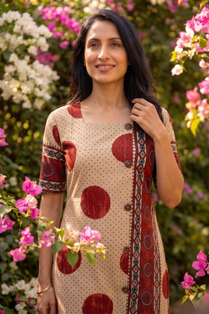Ajrakh Cotton Straight Cut Kurta with Square Neck and Half Sleeves with Pockets, Ivory , KA1057