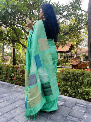 Pure Kanchipuram Soft Silk Saree with Dupion Thread Woven Border & Pallu, Temple Border & Plain Running Blouse Piece, Pista Green,   SK1007