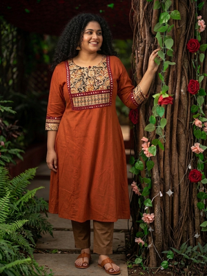 Satin Cotton Straight Cut Round neck Kurta with  3/4 Sleeves, Kalamkari Patches & Lace Details  with Pocket, Rust- KP1101