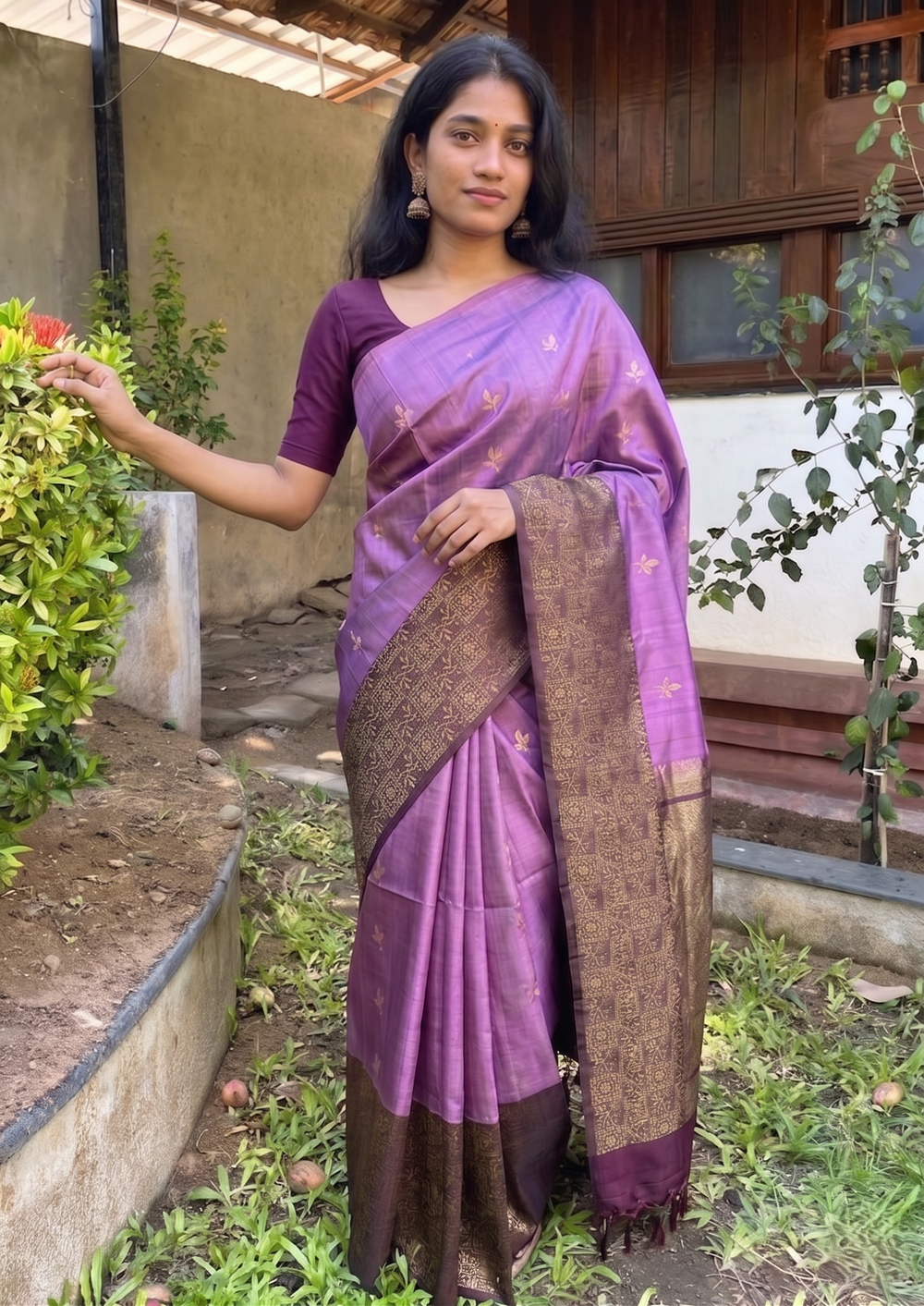 Pure Kanchipuram Soft Silk Saree with Broad Zari Brocade One Side Border, Pure Gold & Silver Zari Butta & Plain Brown Blouse Piece, Lavendar - Brown, SK1019
