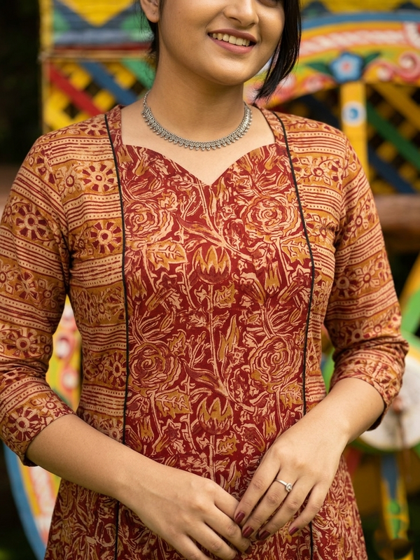 Kalamkari Cotton Paneled kurta, Sweetheart neck with ¾  Sleeves with Pocket, Maroon ,KK1092