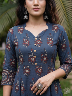 Ajrakh Cotton Sweetheart neck Pleated Kurta with Wooden Button Details & Pocket , Indigo Blue , KA1059
