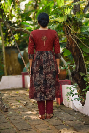 Ajrakh  Cotton , Pleated Kurta with Pocket ,Maroon-Black  KA1043