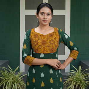 Ikat  Cotton  Sweetheart neck Kurta with Ajrakh Patches, Bottle Green, KI1015