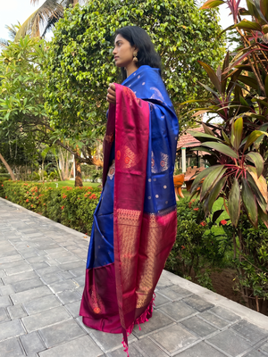 Pure Kanchipuram Soft Silk Saree with Minakari Woven Butta, Contrast Border, Heavy Zari Pallu & Plain Rani Pink Blouse Piece, Royal blue - Rani Pink,,   SK1014