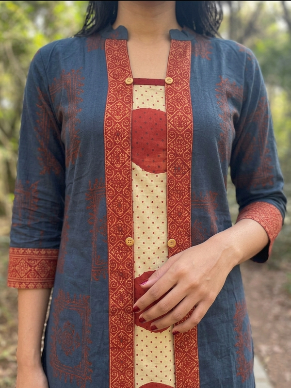 Ajrakh Cotton A Line Kurta with Mandarin Collar and Border Details & Pocket , Indigo Blue, KA1061