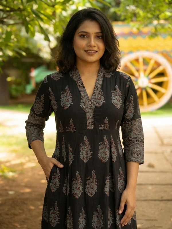 Ajrakh Cotton V Collar Pleated Kurta with Pockets , Black , KA1056