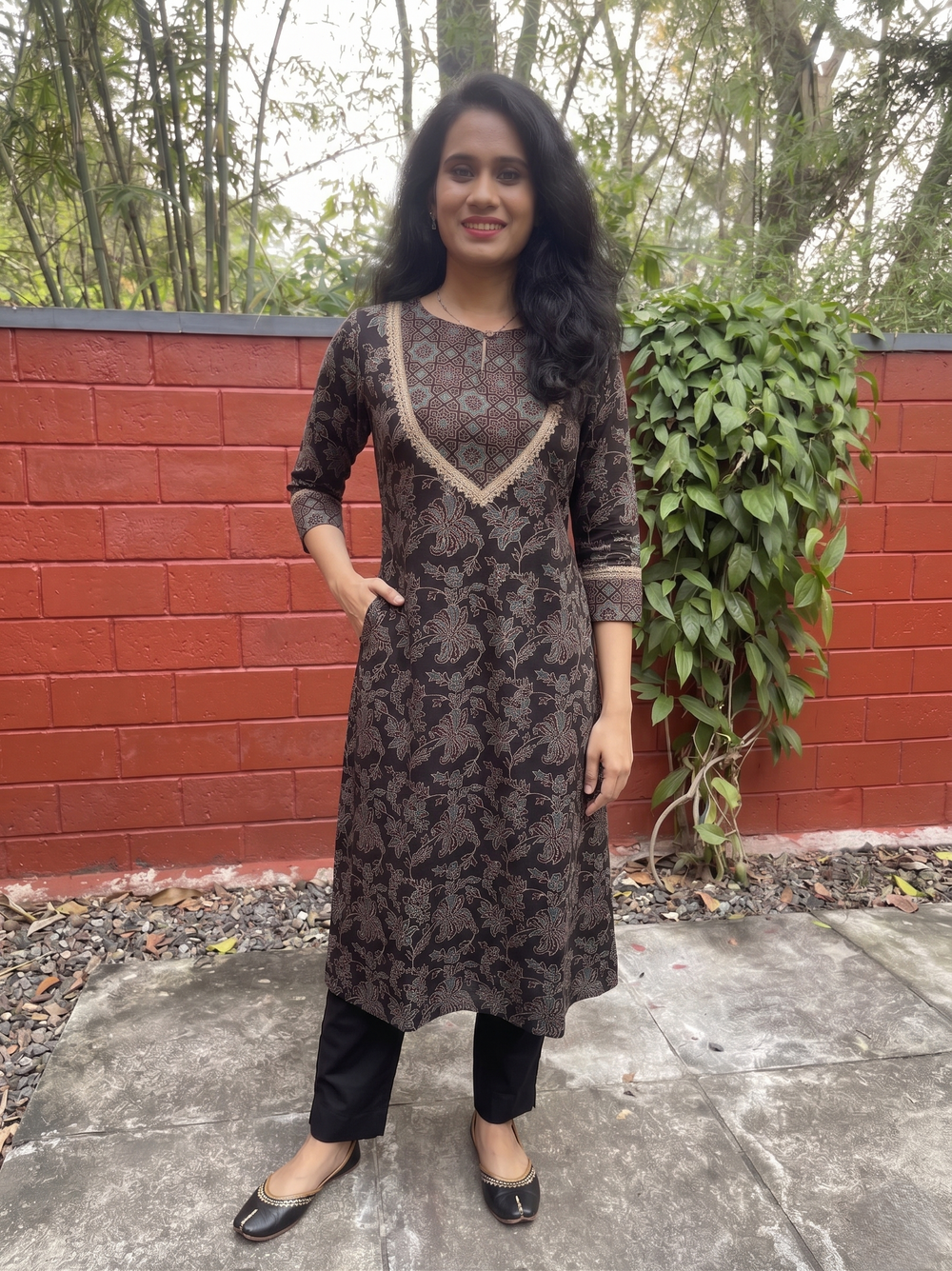 Ajrakh Cotton A Line Close neck Kurta with 3/4 Sleeves  & Lace details with Pocket , Black ,KA1047
