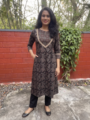 Ajrakh Cotton A Line Close neck Kurta with 3/4 Sleeves  & Lace details with Pocket , Black ,KA1047