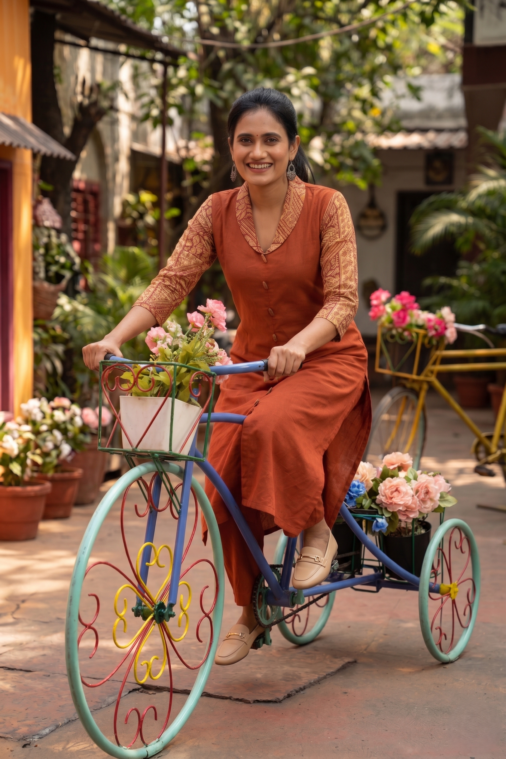 Cotton kurta with kalamkari collar and sleeves, wooden button details with Pocket  , Rust , KH1087