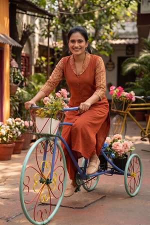 Cotton kurta with kalamkari collar and sleeves, wooden button details with Pocket  , Rust , KH1087