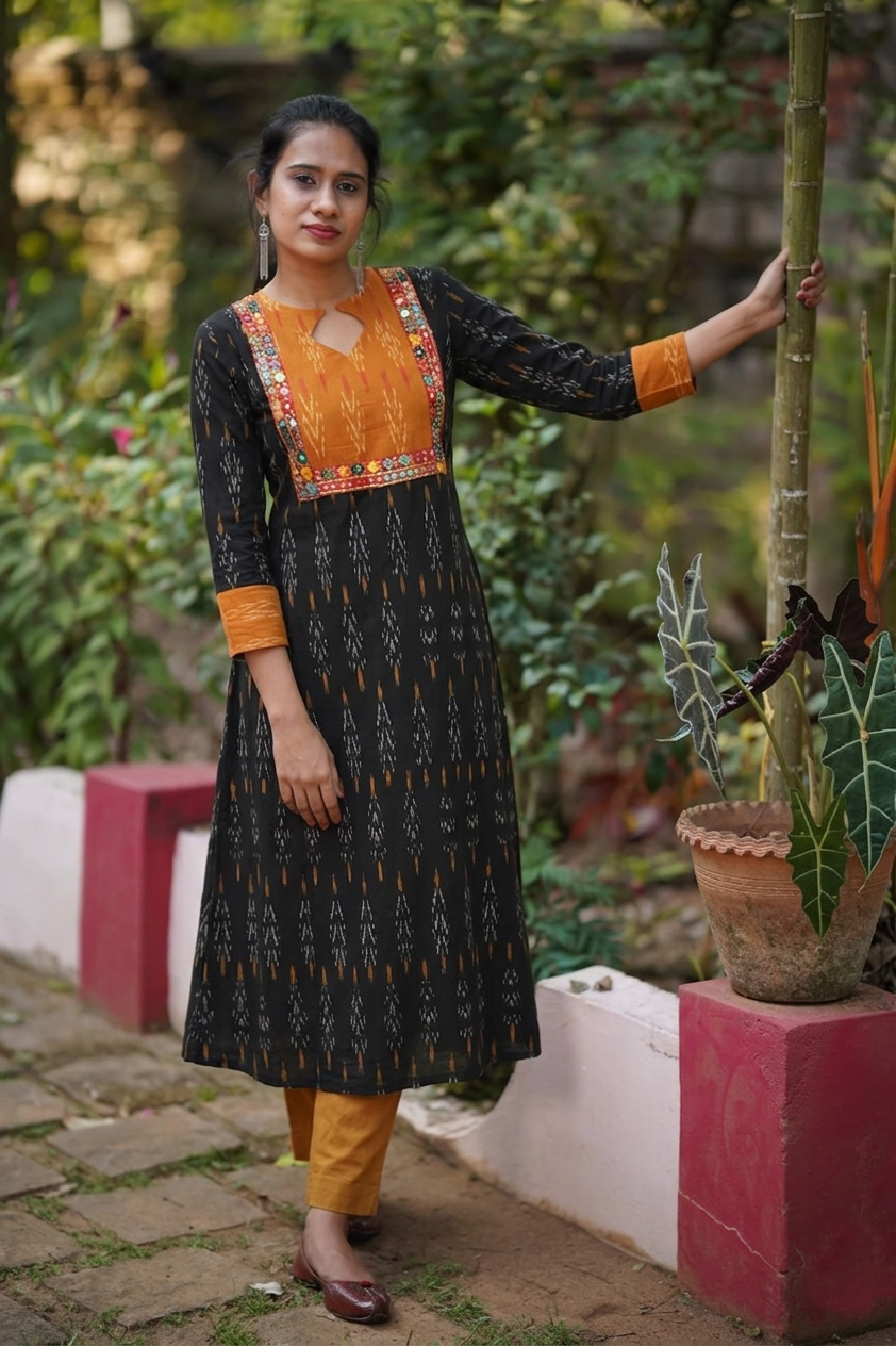 Ikat Cotton A line Kurta with Diamond neck & Mirror Work Lace Details, Black,  KI1021