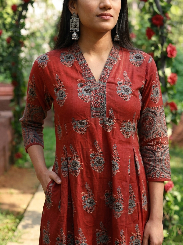 Ajrakh Cotton  V Collar Pleated Kurta with Pocket , Maroon, KA1055