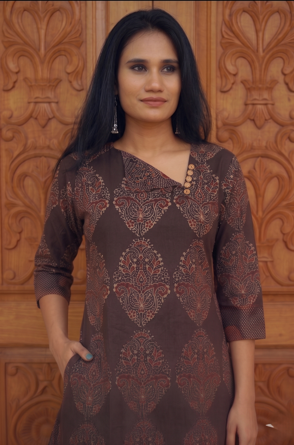 Ajrakh Cotton Triangle Neck A Line Kurta with Wooden Button Details with Pocket , Brown, KA1052