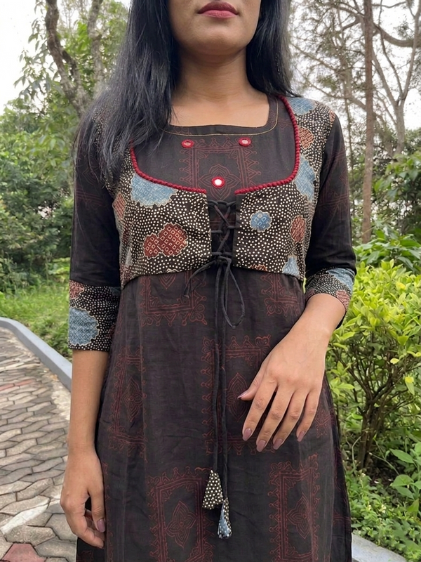 Ajrakh Cotton Round neck Jacket Style A Line Kurta with Mirror Details & Pocket , Black, KA1060