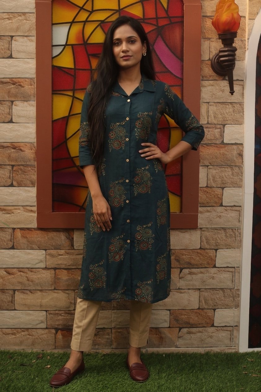 Ajrakh Cotton  Straight Cut  Kurta with Shirt Collar & Wooden Button Details and  Pocket, Green, KA1062