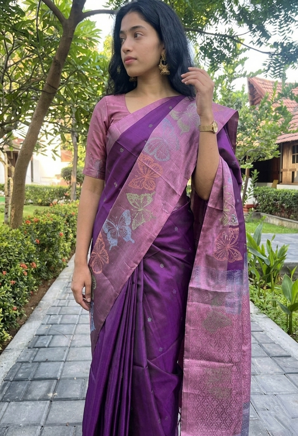 Pure Kanchipuram Soft Silk Saree with Woven Thread Butta, Zari Butterfly Woven Border in Contrast, Heavy Zari Pallu & Plain  Lavendar Blouse Piece, Purple - Lavendar,   SK1013