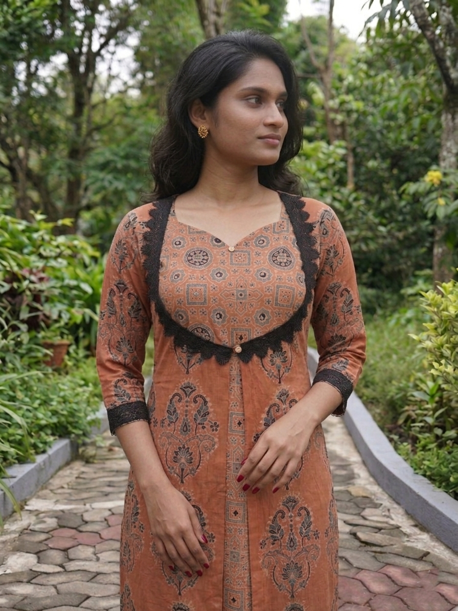 Ajrakh Cotton Y Neck Layered A Line Kurta with Lace and Mirror Details with Pocket, Peach, KA1048