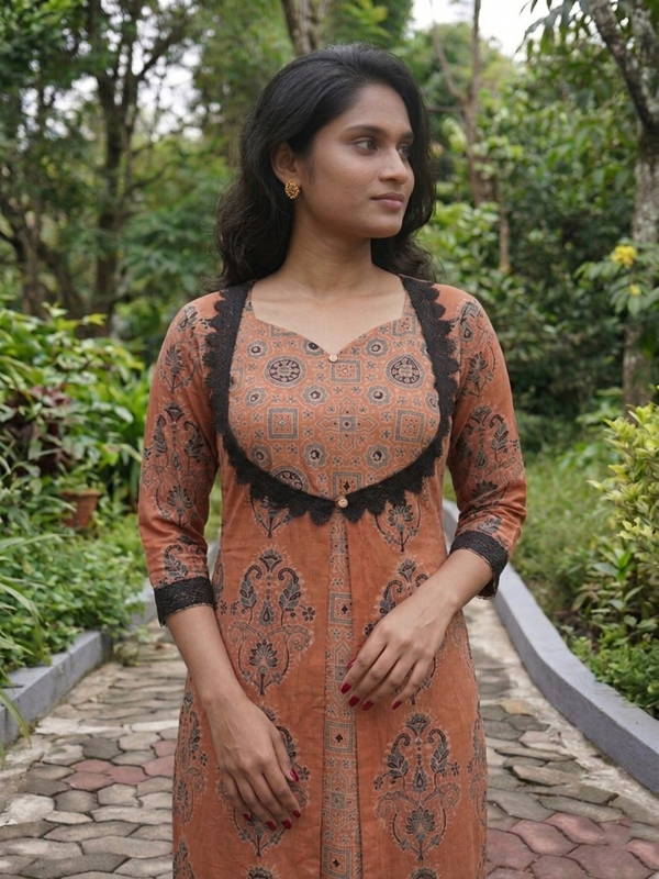 Ajrakh Cotton Y Neck Layered A Line Kurta with Lace and Mirror Details with Pocket, Peach, KA1048