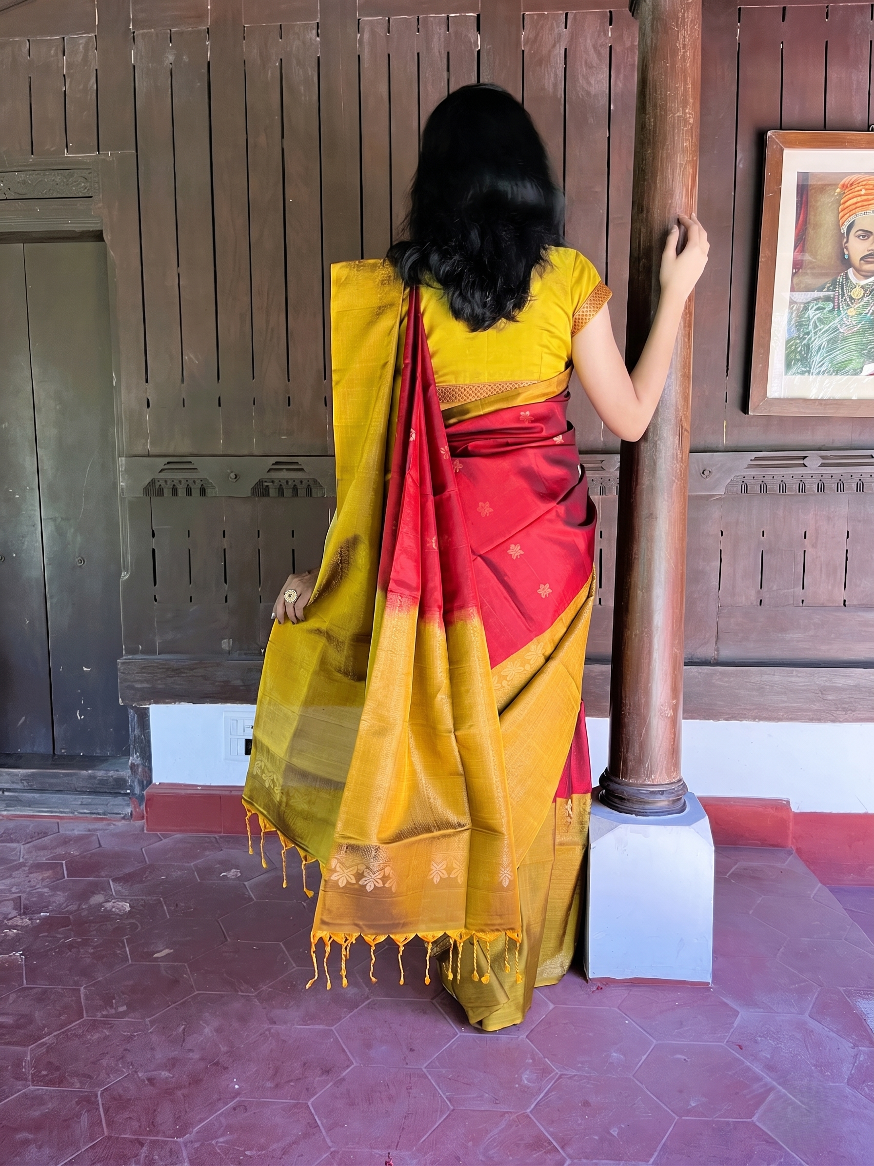 Pure Kanchipuram Soft Silk Saree with Broad Zari Brocade One Side Border, Pure Gold & Silver Zari Butta & Plain Mustard Blouse Piece, Maroon - Mustard, SK1018