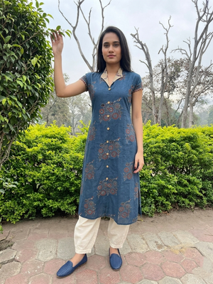 Ajrakh Cotton Straight Cut Kurti with Wooden Button and Collar Detailing, Mega Sleeves & Pockets, Blue, KA1064