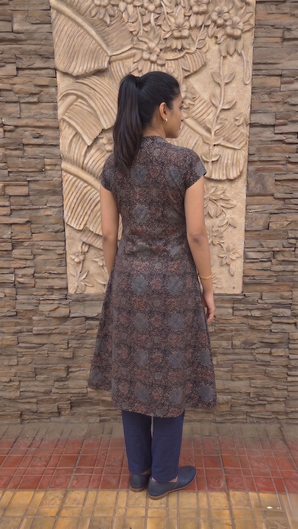 Ajrakh Cotton Triangle neck A Line Kurta with Mirror Details & Mega Sleeves with Pocket, Black, KA1053