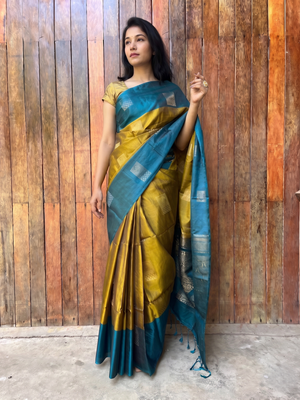 Pure Kanchipuram Soft Silk Saree with Minakari Woven Butta, Contrast Border, Heavy Zari Pallu & Plain Teal blue Blouse Piece, Mustard - Teal blue,   SK1011