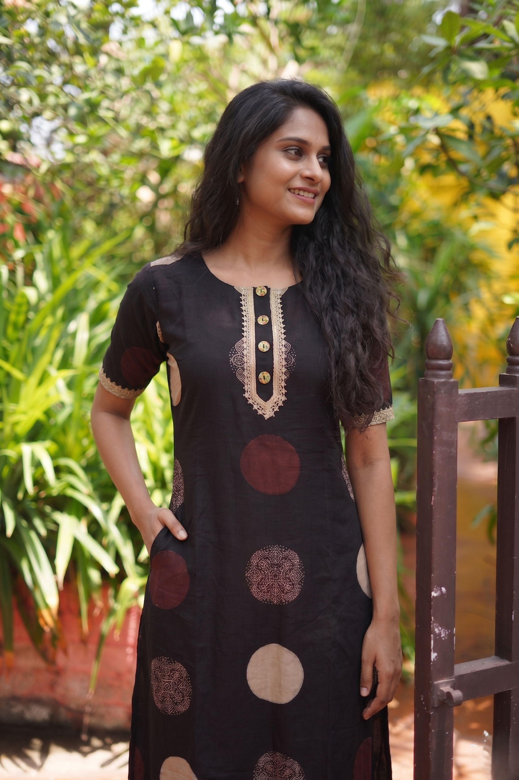 Ajrakh Cotton A Line Round Neck Kurta  with Half Sleeves, Lace and Button Details with Pocket  , Black ,KA1046