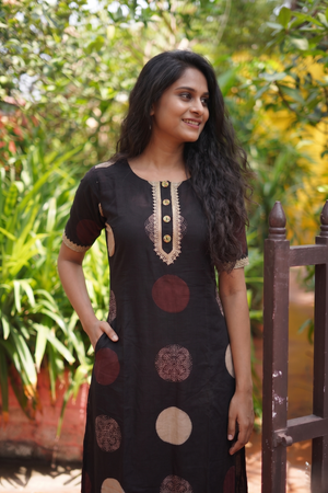 Ajrakh Cotton A Line Round Neck Kurta  with Half Sleeves, Lace and Button Details with Pocket  , Black ,KA1046