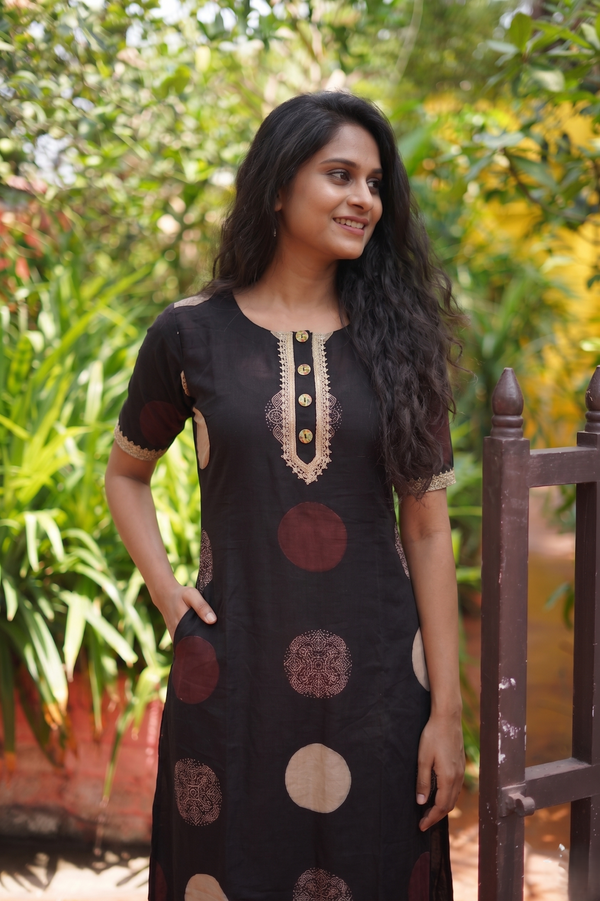 Ajrakh Cotton A Line Round Neck Kurta  with Half Sleeves, Lace and Button Details with Pocket  , Black ,KA1046