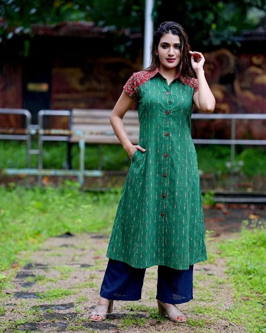 Ikat Cotton Paneled A line Kurta with Shirt Collar, Mega Sleeves & Kalamkari Patches,   Green,  KI1032