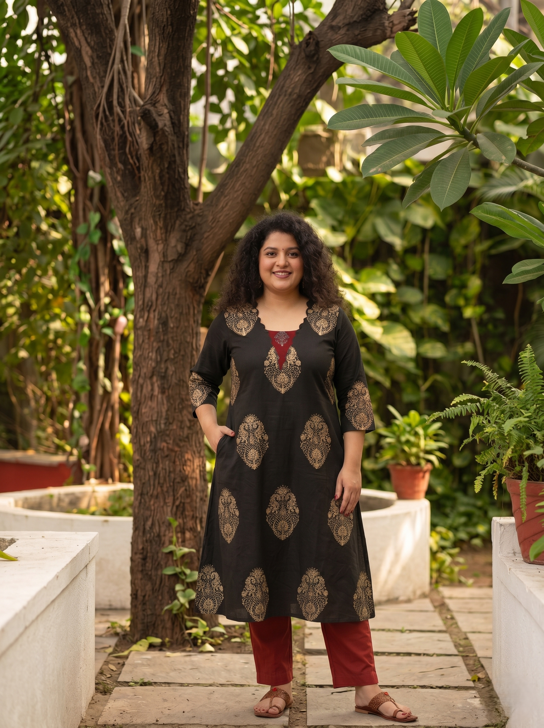 Ajrakh Cotton Scallop V neck A Line Kurta with 3/4 Sleeves and Pocket, Mehandi green ,KA1045