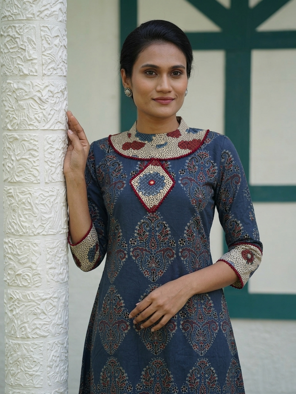 Ajrakh Cotton Close Neck A Line Kurta with Lace and Mirror Details with Pocket, Indigo Blue ,KA1050