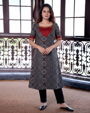 Modal silk Ajrakh kurta, V neck with raw silk patches, half sleeve, A Line, coin lace details, Black,  KS1008
