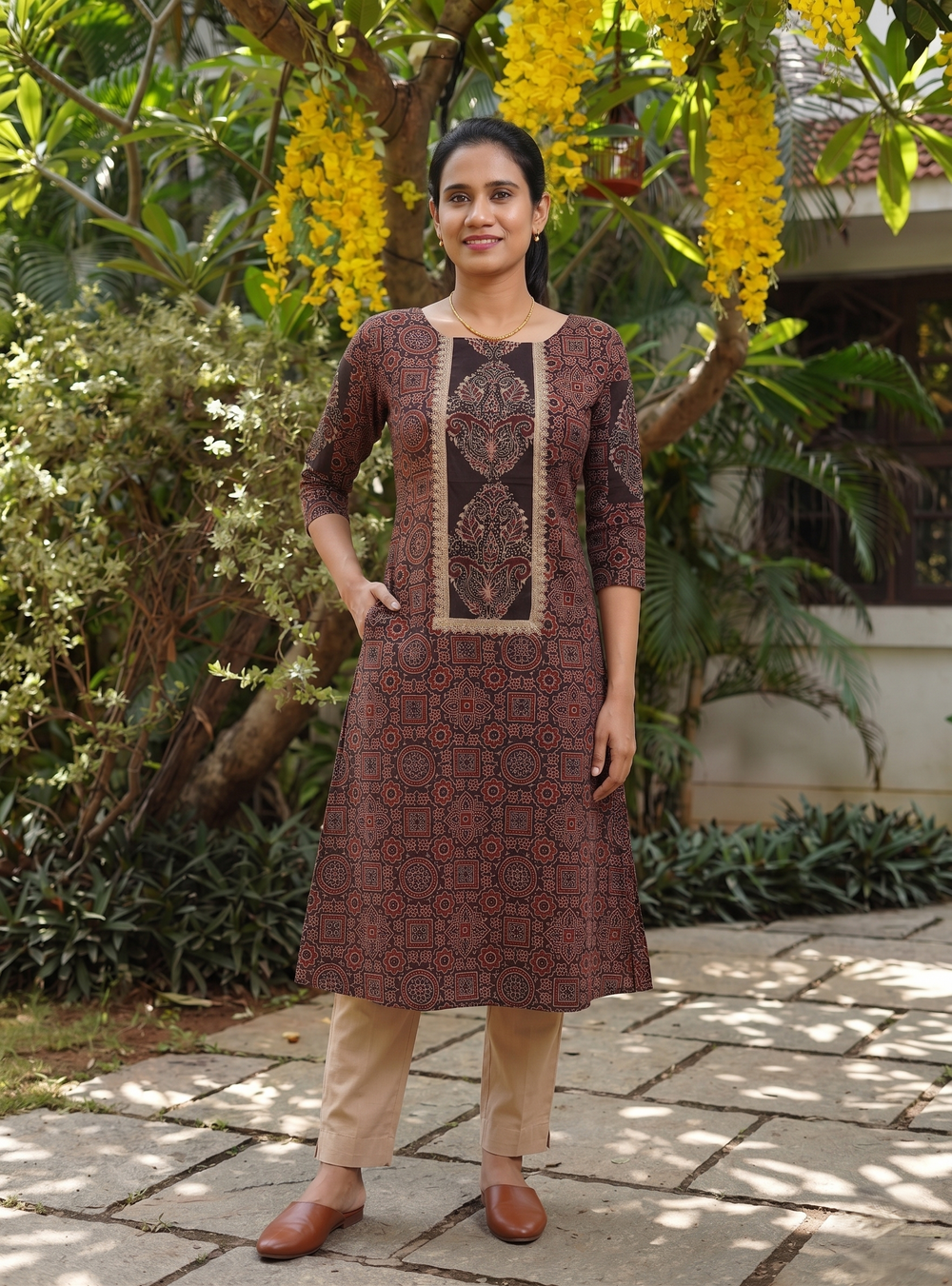 Ajrakh Cotton  Straight Cut  Kurta with Shirt Collar & Lace Details , Pocket , Brown, KA1063